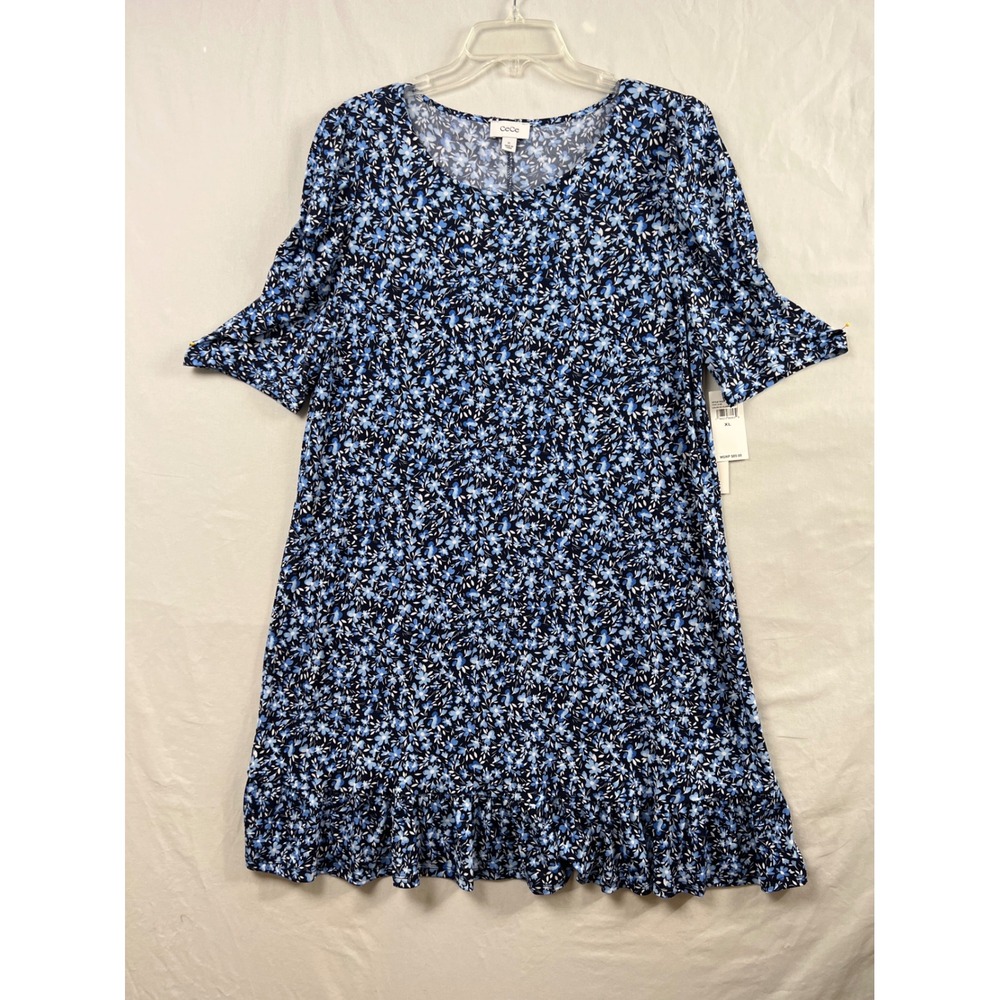 CeCe Floral Dress Women XL Blue Ruffle Hem Stretch Short Sleeve Cottagecore